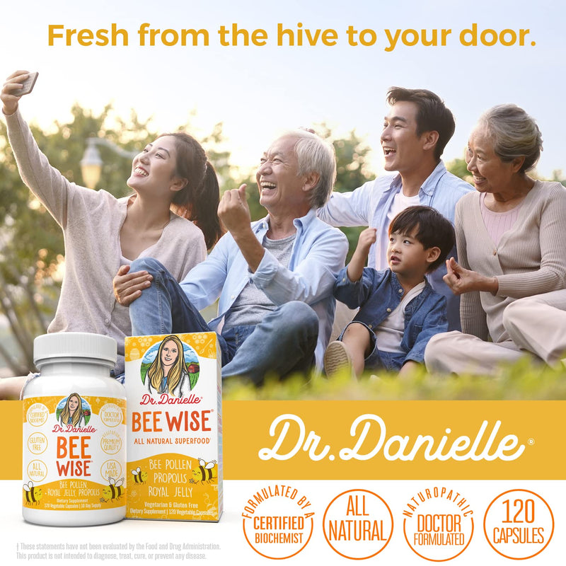 Dr. Danielle's Bee Wise - Bee Pollen Supplement - Bee Well with Royal Jelly, Propolis, Beepollen in 4 Daily Bee Pollen Capsules 120 Count (Pack of 1) - NewNest Australia