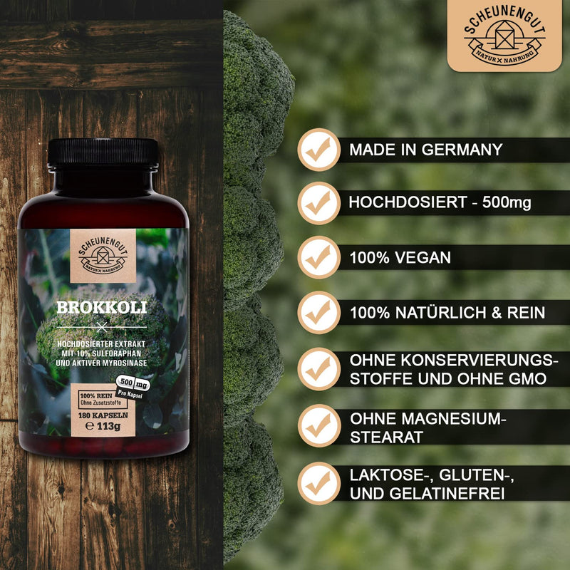 Broccoli Capsules - 1000Mg Per Daily Dose - Important: 30:1 Extract (= 15,000Mg Broccoli Per Dose) I 50Mg Sulforaphane Per Capsule + Active Myrosinase I 180 Capsules Broccoli Extract I From De I Scheunengut - NewNest Australia