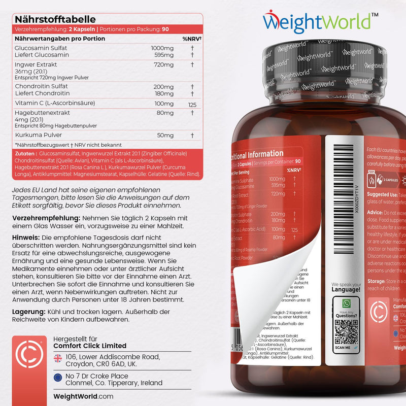 Weightworld Glucosamine Chondroitin Complex 1300 Mg - 180 Glucosamine Sulphate Capsules - 3 Months Supply - With Vitamin C For Immune System, Bones, Cartilage, Teeth & Skin - Ginger, Rose Hip & Turmeric - NewNest Australia