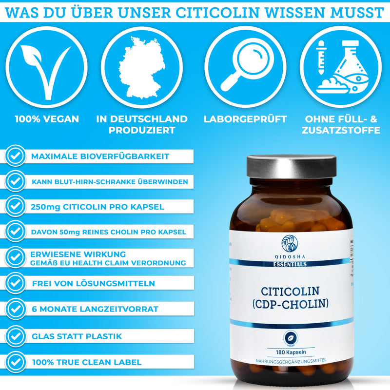 QIDOSHA® CDP Choline (Citicoline) capsules high dosage, 180 capsules in a pharmacist jar, full 250mg Citicoline/CDP Choline per capsule, vegan, laboratory tested, German production, Citicoline CDP Choline 250mg - NewNest Australia