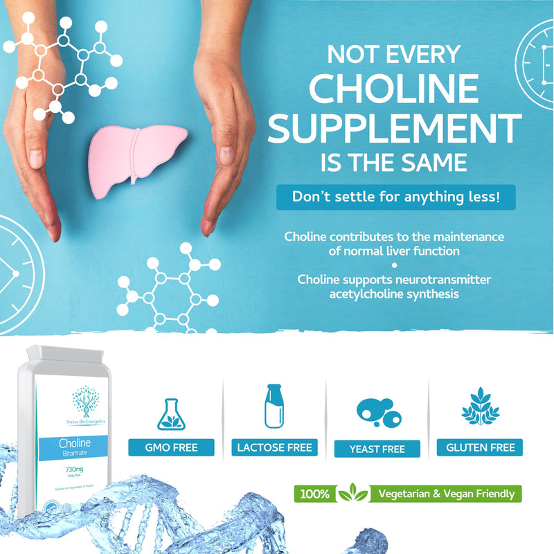 Choline Bitartrate 730mg Daily dose , 120 Choline Vegan Capsules - contributing to Normal Liver Function – No GMO’s , Dairy & Gluten Free - Manufactured in The UK to GMP Code of Practice - NewNest Australia