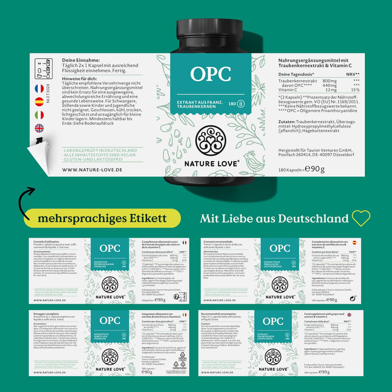 NATURE LOVE® OPC grape seed extract - 180 capsules - high dosage with 800 mg extract per daily dose - from French grapes - with natural vitamin C - laboratory tested, vegan, produced in Germany - NewNest Australia