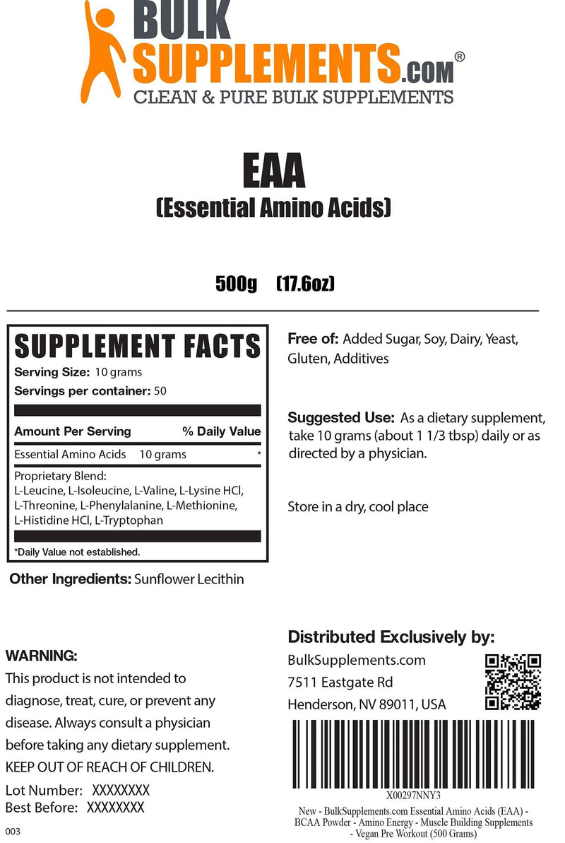 BulkSupplements.com Essential Amino Acids (EAA) - BCAA Powder - Muscle Building Supplements - Vegan Pre Workout - Amino Acids Supplement - EAAs Amino Acids Powder (500 Grams - 1.1 lbs) 1.1 Pound (Pack of 1) - NewNest Australia