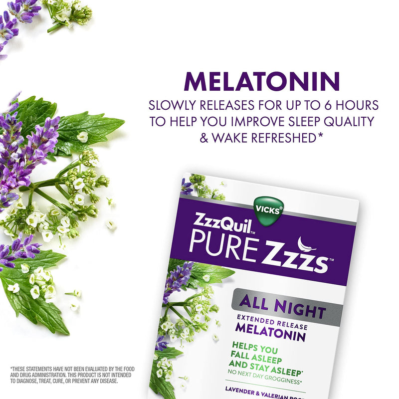 ZzzQuil PURE Zzzs, All Night Extended Release, Melatonin Sleep Aid Supplement with Lavender & Valerian Root, Sleeping Pills for Adult, Drug-Free, 28 Tablets (Pack of 2) - NewNest Australia