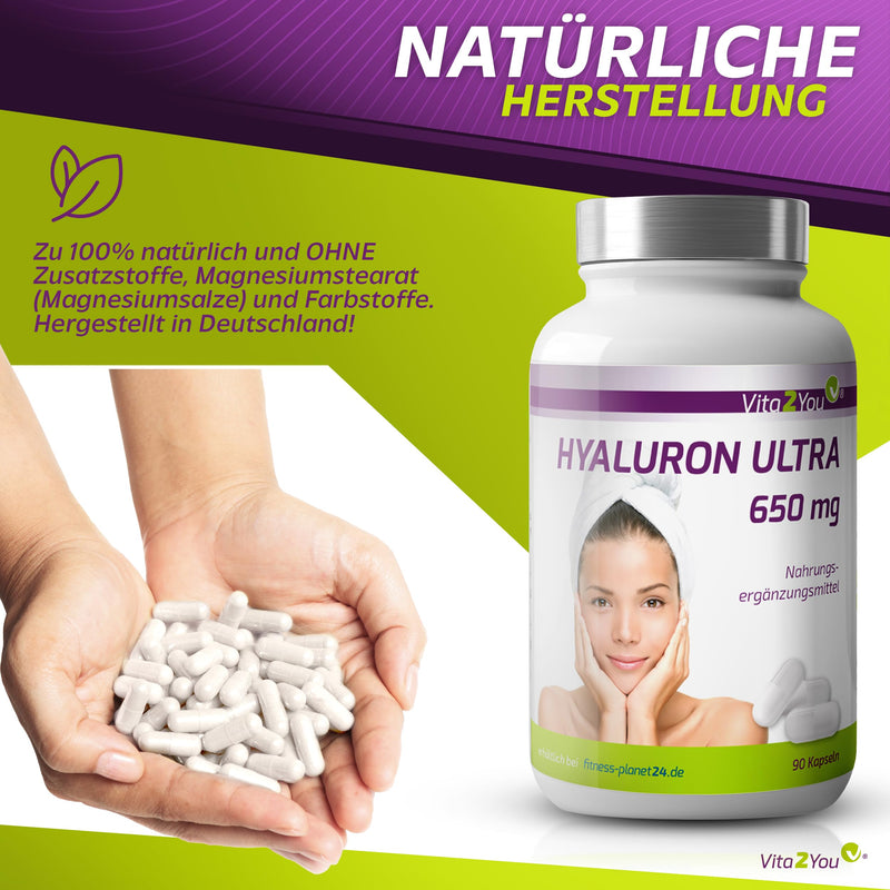 Hyaluronic Acid Ultra 650 Mg - 90 Vegan Capsules - Vegetable Fermentation - 500-700 Kda - High Dose - 3 Month Pack - No Additives - Hyaluronic - Premium Quality - NewNest Australia
