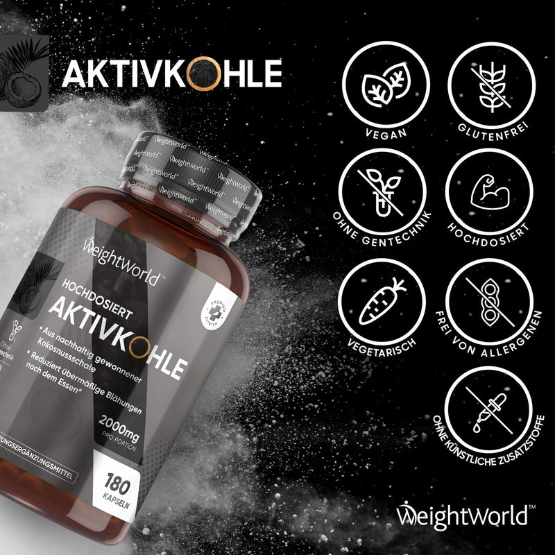 Activated Charcoal Capsules - 2000Mg Per Daily Dose (6 Pcs.) - 180 Vegan Capsules - Made From Coconut Shell - Natural Ingredients Without Magnesium Stearate - Laboratory Tested In Germany, Weightworld - NewNest Australia