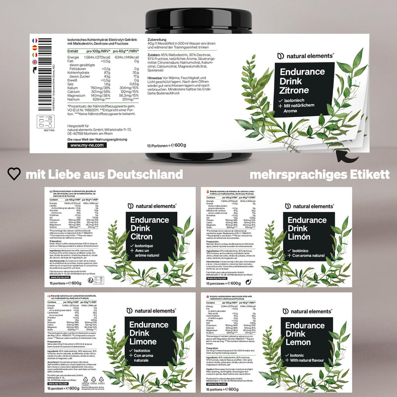 Endurance Drink Lemon - 600 G Isotonic Powder - With Electrolytes And Carbohydrates - Lemon Flavor - Vegan, Optimally Organic Available - Produced In Germany & Laboratory Tested - NewNest Australia