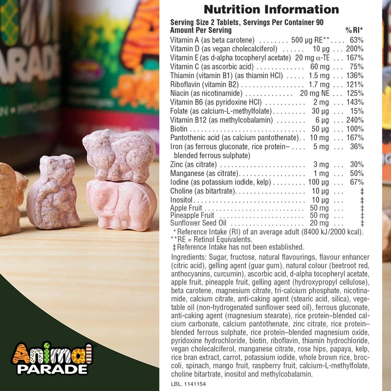 NaturesPlus Animal Parade Children’s Multivitamin Assorted Flavours - Plant Based, All Natural Multivitamin for Kids - Vitamin C, Zinc, Methyl Bs, D3 - Gluten Free, Vegan - 180 Chewable Tablets - NewNest Australia