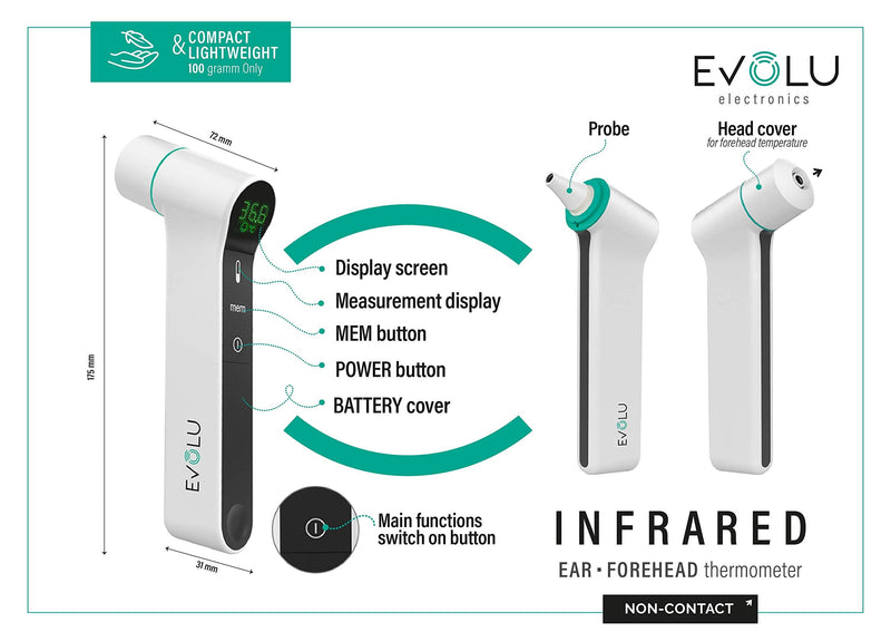 Evolu Fever Thermometer Contactless Infrared Non Contact Forehead Thermometer 3-In-1 Digital Infrared Thermometer - Ear Thermometer For Babies, Children, Adults Ear And Forehead - NewNest Australia