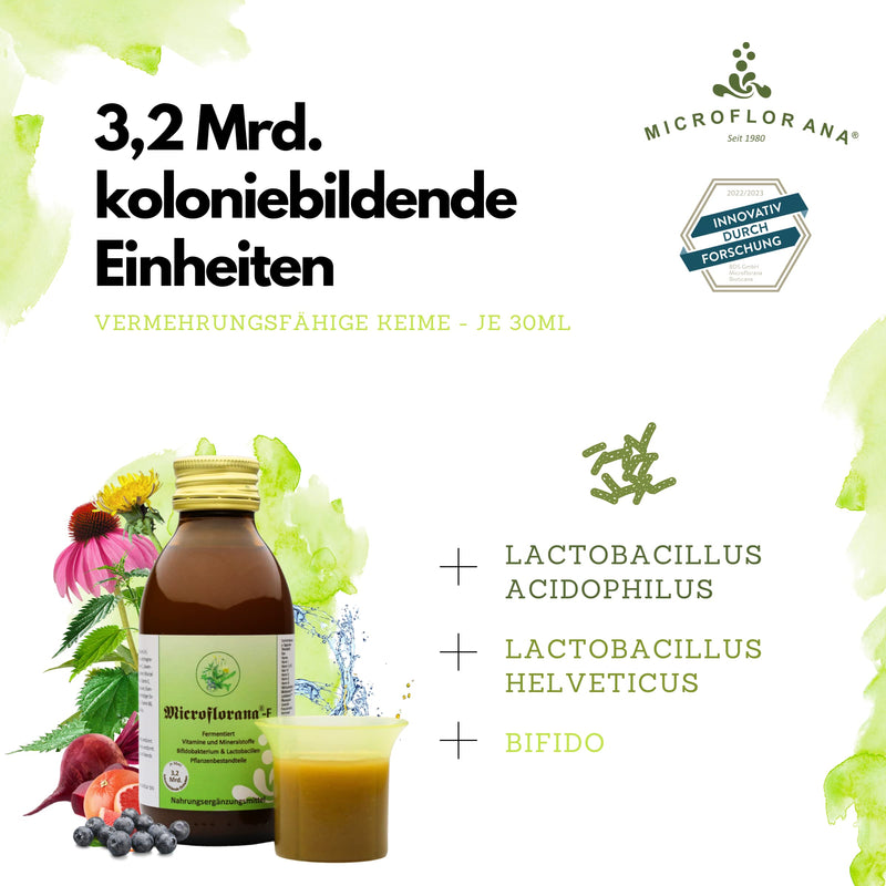Microflorana -F - Probiotics - Intestinal Cleansing - Colonial Bacterial Strains - Vitamins And Minerals - Including Dosing Aid - Plant Components - Liquid Probiotics - Since 1980-150 Ml 150 - NewNest Australia