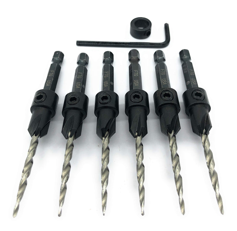 FTG USA Maximum Torque 6 Piece Same Size #6 (9/64") Pro Pack - Adjustable Wood Countersink Drill Bit Set with Woodworking Tapered HSS Bits secured with Pin - 1 Depth Stop Collar 3/8" and 1 Hex Wrench (1/8" Allen Key) #6 (9/64") - NewNest Australia