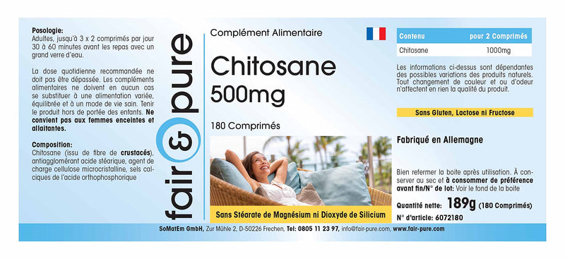 Fair & Pure® - Chitosan 500mg - high dosage - natural fiber - without magnesium stearate - 180 chitosan tablets - NewNest Australia