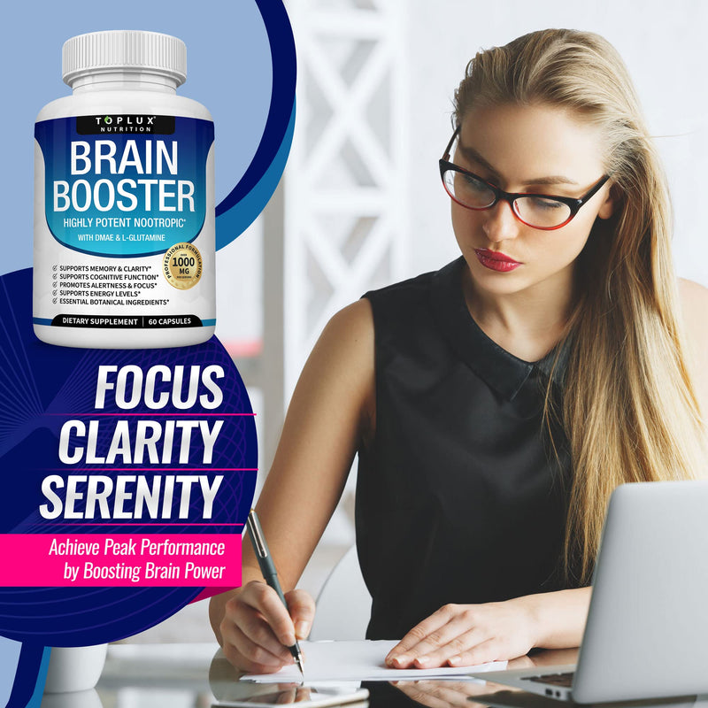 Brain Supplement Nootropic Booster – Brain Pills Vitamin for Focus, Memory, Clarity, Energy & Better Concentration, with DMAE, Bacopa Monnieri, L-Gutamine, For Men Women, 60 Capsules, Toplux Nutrition One - NewNest Australia