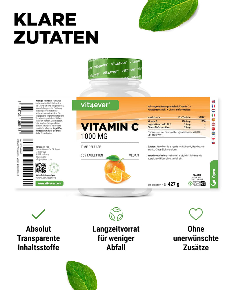 Vitamin C 1000mg - 365 tablets in annual supply - Time released effect - Laboratory tested - Vitamin C + rosehip extract + citrus bioflavonoids - Vegan - High dosage - NewNest Australia
