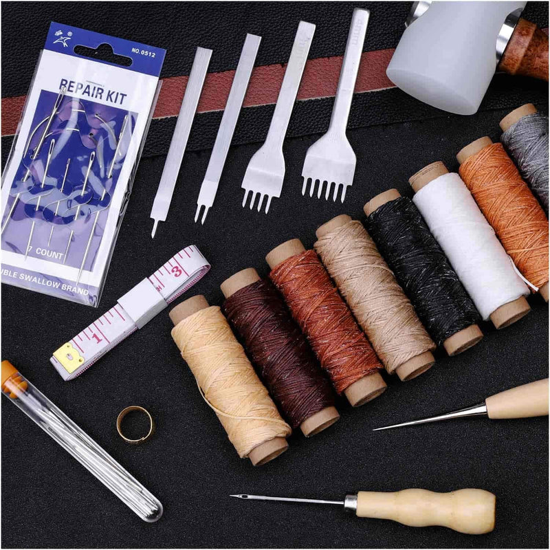 Cridoz 35 Pcs Leather Stitching Pouch Kit with 4mm Prong Sewing Hole Punch, Leather Sewing Tools, Waxed Thread and Large-Eye Stitching Needles for Beginner Leather Sewing Working Crafting Projects - NewNest Australia
