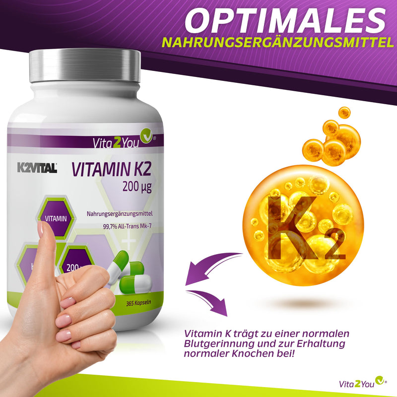 Vita2You Vitamin K2-200µg - 365 capsules - Original K2VITAL® - > 99.7% All-Trans - Annual pack - Natural Menaquinone MK-7 - Premium quality - Made in Germany - NewNest Australia