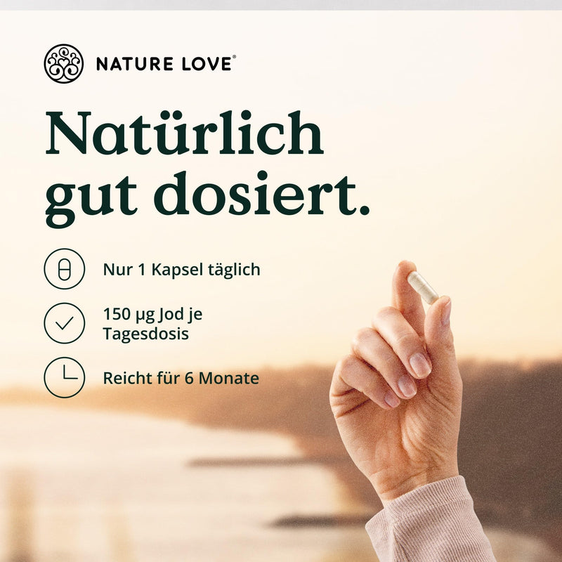 NATURE LOVE® Iodine complex for the thyroid - 180 capsules - with iodine, selenium, L-tyrosine, vitamin B & D - natural iodine from brown algae (kelp) - 6 months range - high dosage, vegan & laboratory tested - NewNest Australia