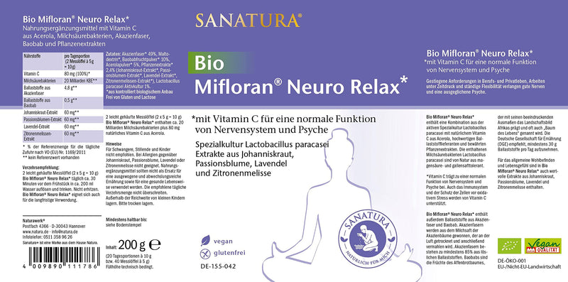 Sanatura Bio Mifloran Neuro Relax - gut-brain balance, for psyche & nerves - including Lactobacillus paracasei, St. John's wort extract, passionflower for more relaxation - NewNest Australia