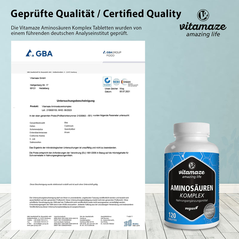 Amino acid complex, high dosage & vegan, 120 tablets with 8 essential amino acids EAA (including tryptophan, lysine, leucine, tyrosine), nutritional supplement without additives, Made in Germany - NewNest Australia