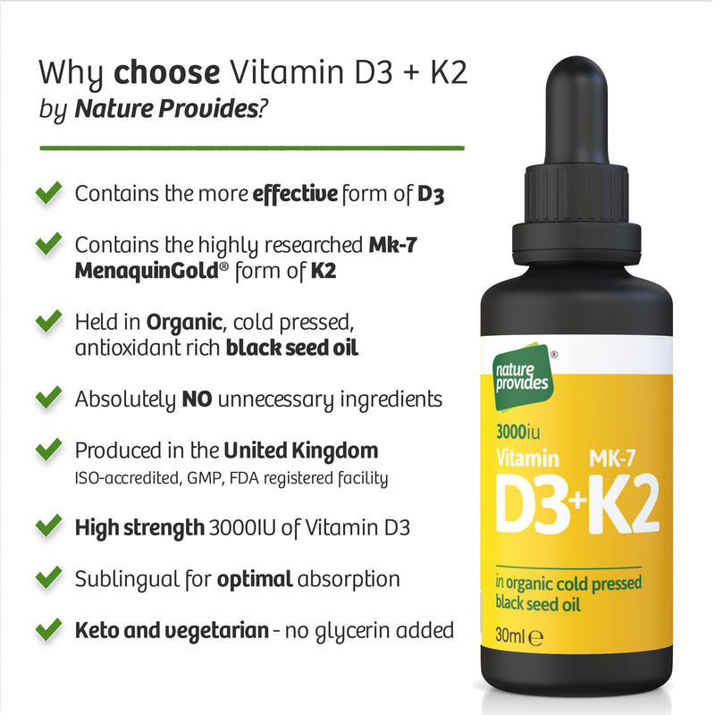 Vitamin D3 & K2 (MK-7) in Organic Black Seed Oil (30ml) High Strength Liquid (3,000IU). MK-7 is 100% Trans. Immune Support Sublingual Drops (Made in The UK) - NewNest Australia
