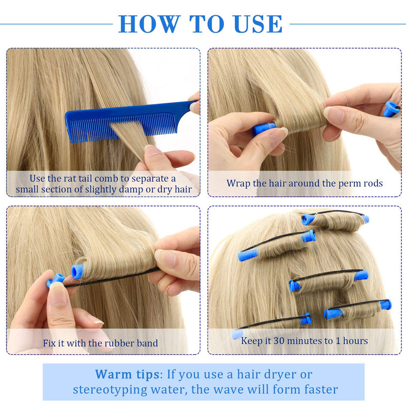 36 Pieces Cold Wave Rod Hair Perm Rods Hair Rollers Perming Rods Curlers with Steel Rat Tail Comb for Hairdressing Styling (Blue,0.35 Inch) 37 Piece Set Blue - NewNest Australia