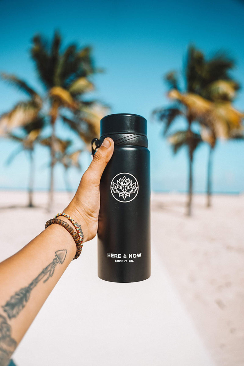 NewNest Australia - 25 oz Multi-Function Travel Mug and Tumbler | Tea Infuser Water Bottle | Fruit Infused Flask | Hot & Cold Double Wall Stainless Steel Coffee Thermos | by Here & Now Supply Co. (Zen Black) Zen Black 