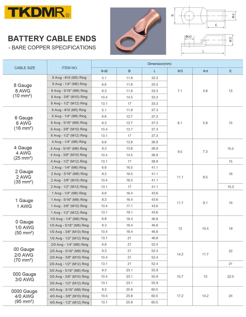 TKDMR 10pcs 1/0 AWG-1/2" Battery Lugs,Copper Wire Lugs,Heavy Duty Battery Cable Ends,Tubular Ring Terminals,AWG Crimp Wire Ring Lugs,Battery Terminal Connectors with 3:1 Heat Shrink Tubing 1/0 Awg - 1/2" (M12) Ring 10 - NewNest Australia