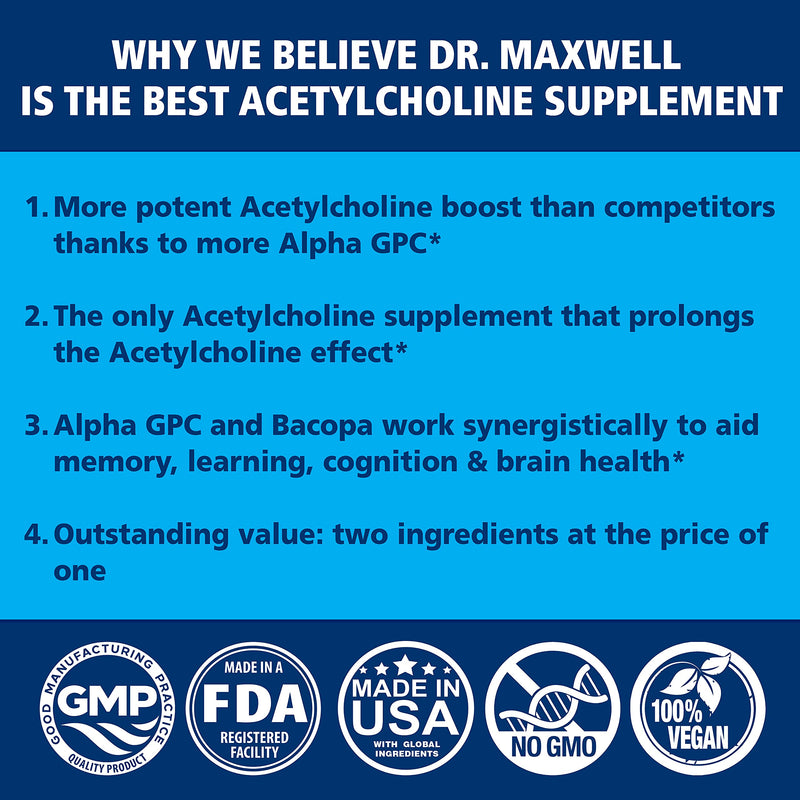 Acetylcholine, Alpha GPC Choline 600mg + Bacopa, Better Than Each Alone. More Reliable Acetylcholine (Responsible for Memory & Learning) Supplement, Dual Action Unlike Competitors. Best Choline Form - NewNest Australia