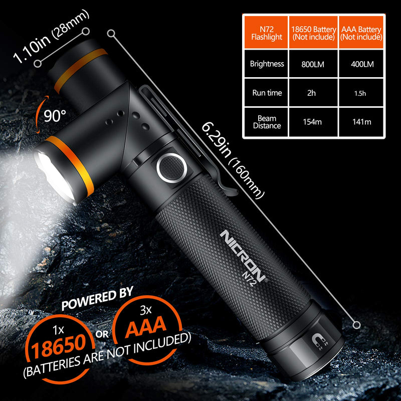 Flashlight, NICRON N72 800 Lumens Tactical Flashlight, 90 Degree Flashlight IPX4 Waterproof Led Flashlight 4 Modes- Best High Lumens Are For Camping, Outdoor,Maintain (18650/AAA Not included) - NewNest Australia