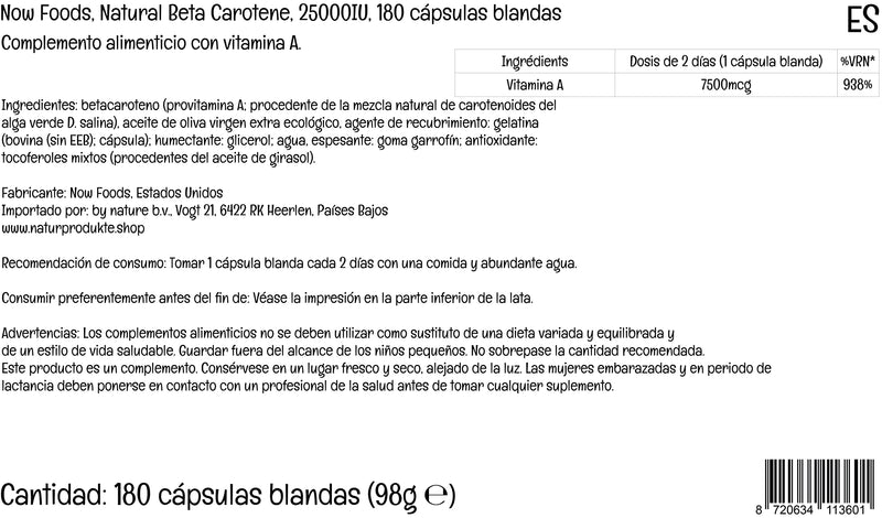 Now Foods, Natural Beta Carotene (natural beta carotene), 7,500mcg (25,000IU), 180 softgels, provitamin A, laboratory tested, soy-free, gluten-free, non-GMO - NewNest Australia