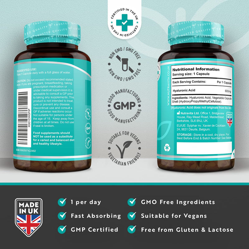 Hyaluronic Acid Capsules - 3 Month Supply of 600mg Hyaluronic Acid Capsules - High Dose with 500-700 KDA - GMO Free with No Synthetic Fillers or Binders - Made in The UK by Nutravita 90 Capsules - NewNest Australia
