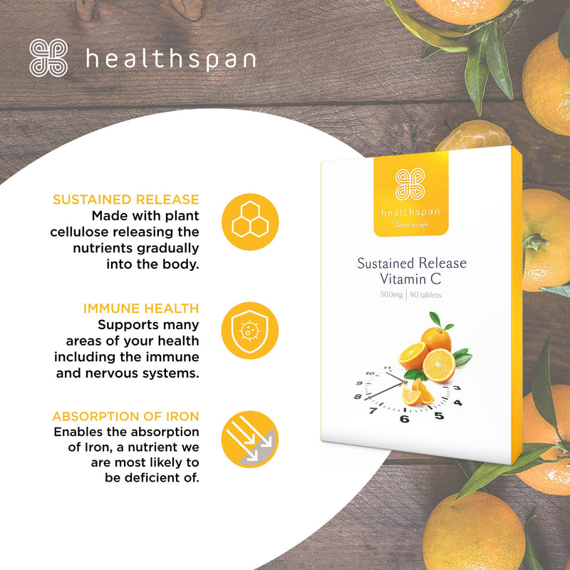 Healthspan Vitamin C Sustained Release 500mg (3 Months' Supply) | to Support Your Immune and Nervous Systems | Added zinc to Support Cognitive Function | Vegan - NewNest Australia