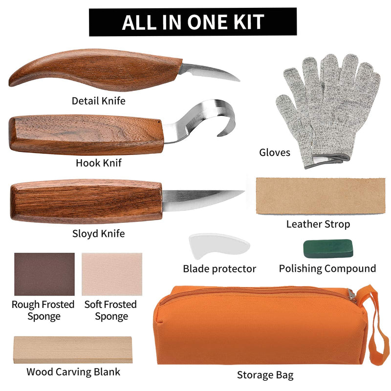 Olerqzer Wood Carving Tools for Beginners, 12-in-1 Wood Carving Kit with Carving Hook Knife, Whittling Knife, Chip Carving Knife, Gloves, Carving Knife Sharpener for Spoon, Bowl, Kuksa Cup - NewNest Australia