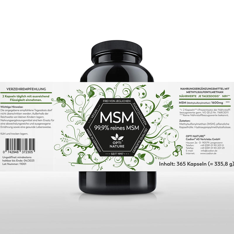 365-99.9% pure, high-dose & highly bioavailable MSM sulfur capsules | Vegan, made in Germany & certified | Since 1997 - OPTI NATURE - NewNest Australia