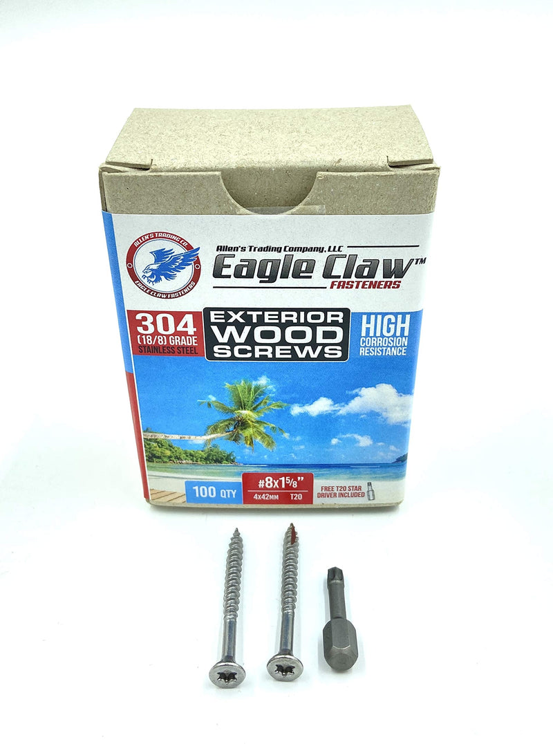 #8 X 1 5/8 Inch Stainless Steel Wood Screws Flat Head T20 Star Drive 304 Grade (100 pieces) for Outdoor Construction by Eagle Claw Fasteners (Driver Bit included) 100 #8 x 1 5/8" - NewNest Australia