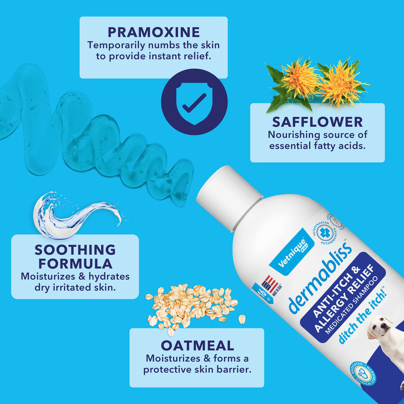Vetnique Labs Dermabliss Anti Itch & Allergy Relief Medicated Dog Shampoo for Allergies and Itching with 1% Pramoxine HCL, Safflower Seed Oil, and Oat Extract for Dogs and Cats 16oz … - NewNest Australia