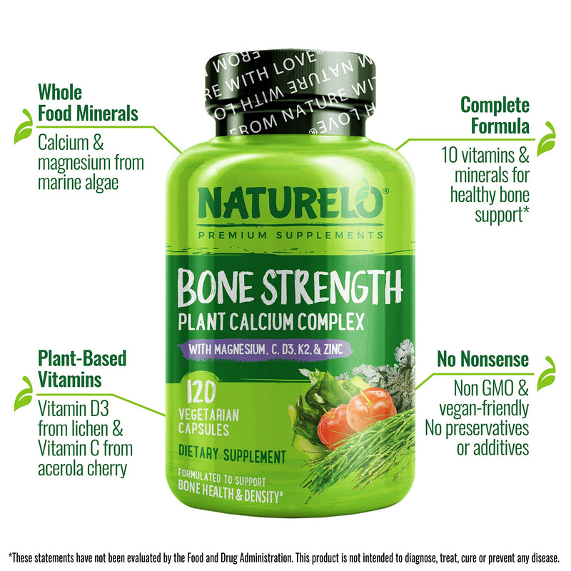 NATURELO Bone Strength - Plant-Based Calcium, Magnesium, Potassium, Vitamin D3, VIT C, K2 - GMO, Soy, Gluten Free Ingredients - Whole Food Supplement for Bone Health - 120 Vegan Friendly Capsules 120 Count (Pack of 1) - NewNest Australia