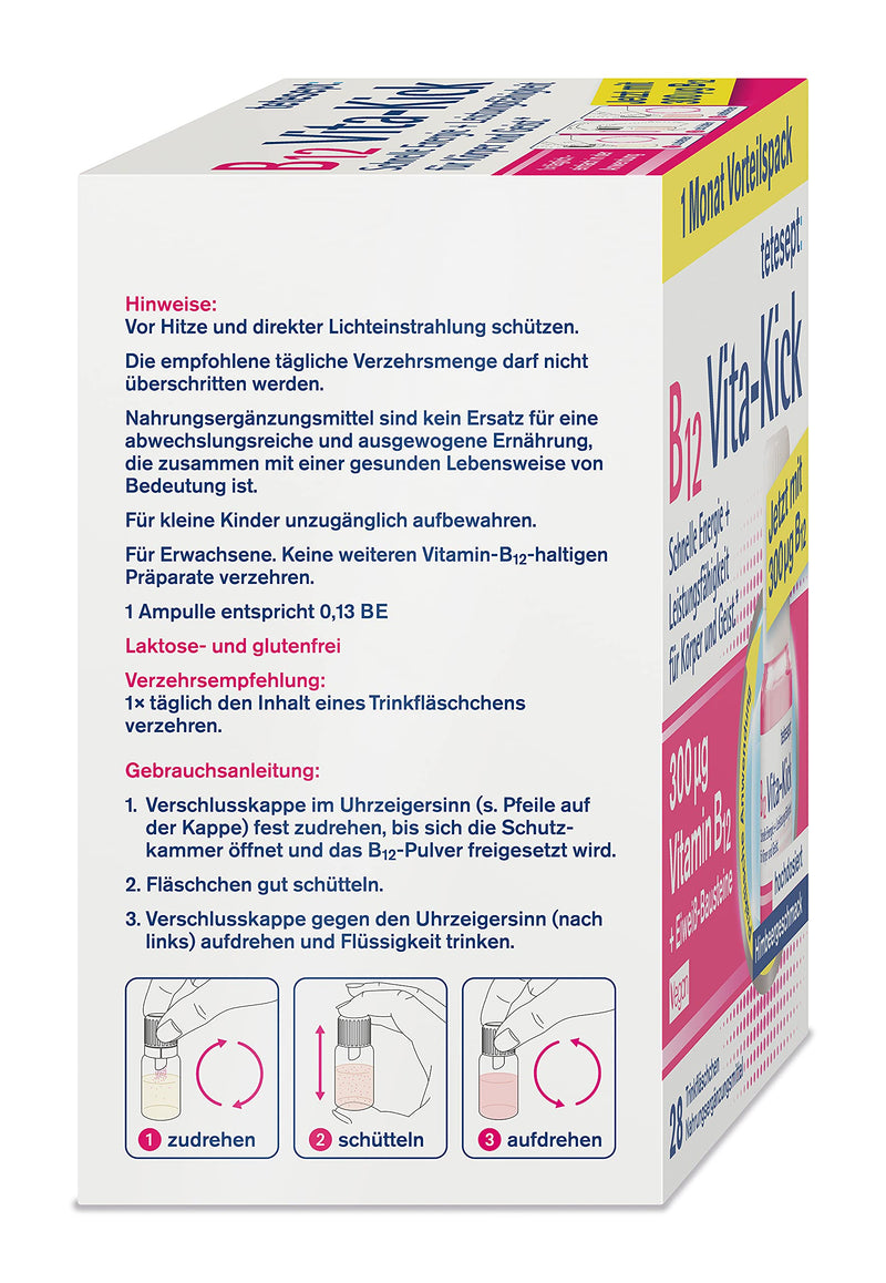 Tetesept B12 Vita-Kick Drinking Pads - Nutritional Supplements For Fast Energy & Performance - Vitamin B12 Ampoules With Protein Building Blocks - Monthly Pack Of 28 Drinking Walls - NewNest Australia