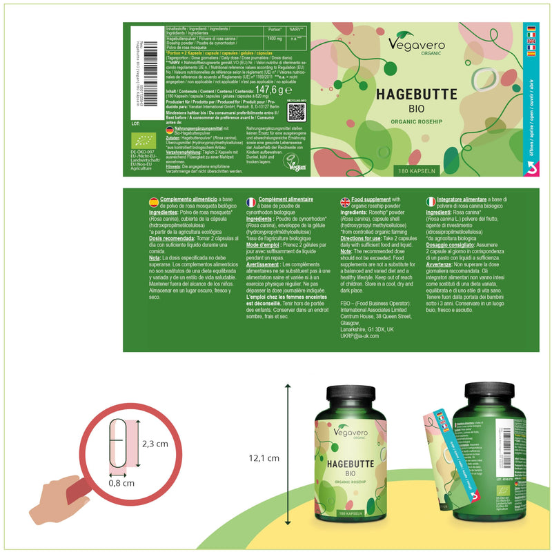ORGANIC ROSEHIPS capsules high dosage | EU cultivation | 1400 mg rosehip powder ORGANIC | Laboratory tested | Vegan - without additives | German production of Vegavero® | 180 capsules - NewNest Australia