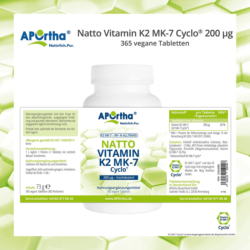 APOrtha Vitamin K2 MK7 200 µg 99+% ALL-Trans, 365 tablets high-dose vegan, high-quality Natto K2 vitamin easy to swallow dietary supplement Vit K2, vitamin K 2 alternative to K2 drops capsules - NewNest Australia
