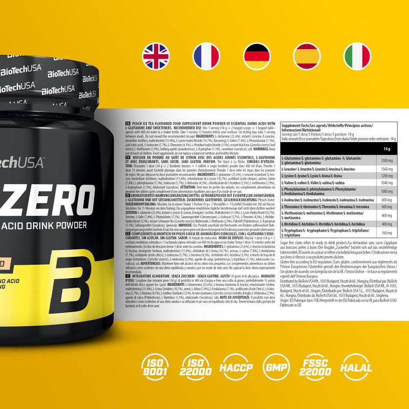 BioTechUSA EAA Zero - Essential Amino Acid Power | 7160mg EAA/serving | WHO recommended ratio | Sugar-free, gluten-free, 350 g, peach iced tea 350 g (pack of 1) - NewNest Australia