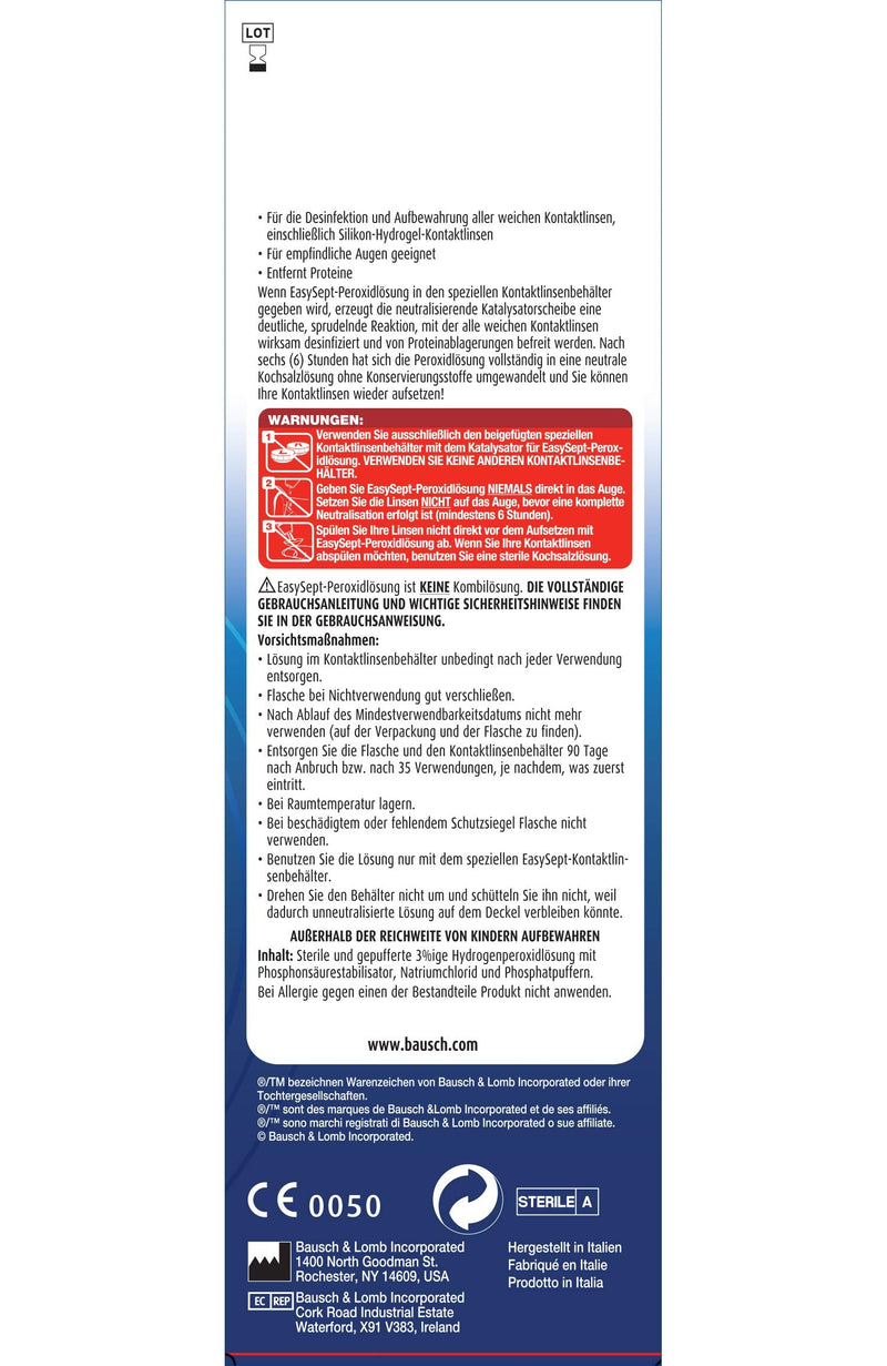 Bausch + Lomb EasySept peroxide solution contact lens cleaner for soft contact lenses, preservative-free, with container, 1 x 360 ml - NewNest Australia