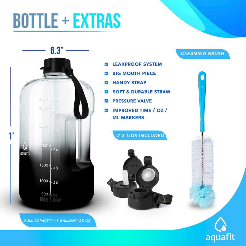 AQUAFIT 1 Gallon Water Bottle with Straw Motivational Water Bottle Big Water Bottle with Straw 1 Gallon Water Bottle Water Jug 1 Gallon Water Jug Daily Water Bottle with Time Marker Bottle Black Fade - NewNest Australia