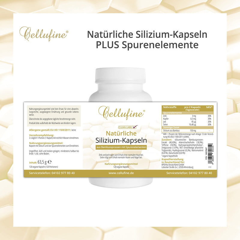 Cellufine® natural silicon from bamboo 75 mg - 120 silicon capsules vegan, high-dose silicon, silicon capsules as a dietary supplement, natural & without preservatives - NewNest Australia