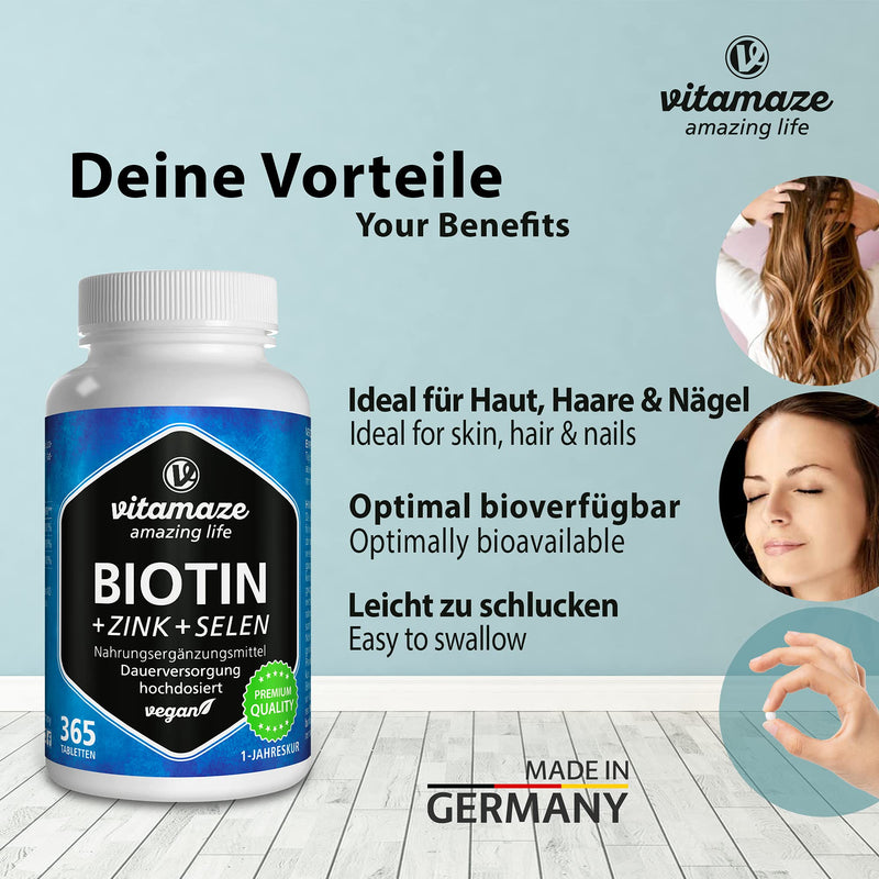 Vitamaze® Biotin 10000 mcg High Dose + Selenium + Zinc for Hair Growth, Skin and Nails, 365 Vegan Tablets for 1 Year, German Quality, No Unnecessary Additives - NewNest Australia