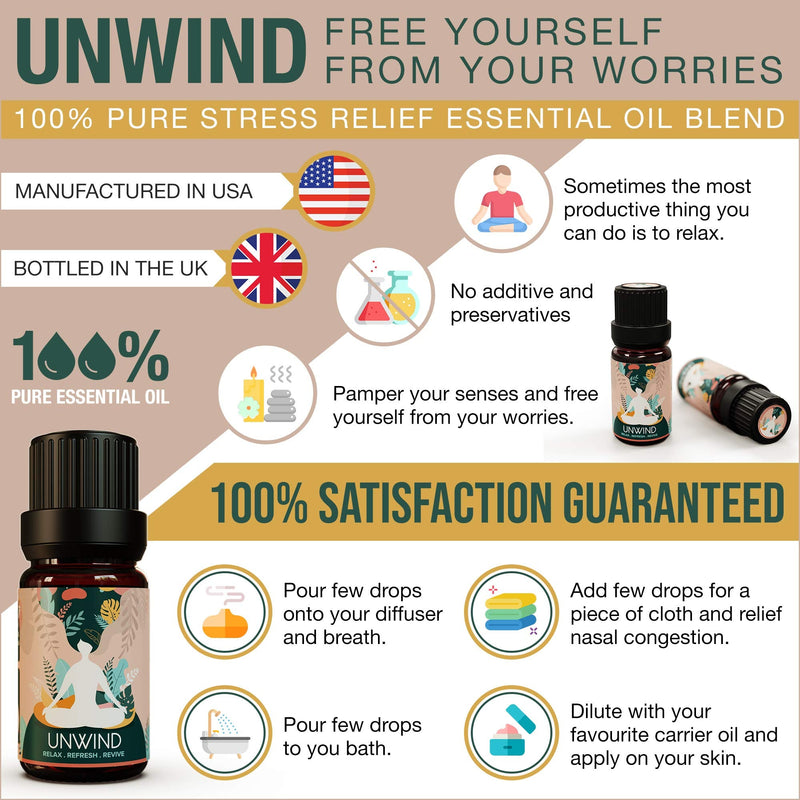 Essential Oil Blend - Calming Stress Relief Oils with Bergamot, Sweet Orange, Ylang Ylang, Pink Grapefruit, Patchouli - Relaxing Herbal Formula for Diffuser Aromatherapy Massage - 10ml (Unwind) De-stress Blend - NewNest Australia
