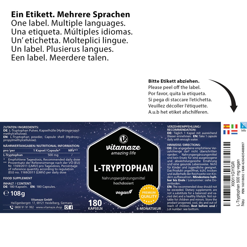 L-Tryptophan High Dose, Vegan, 500 Mg Powder Per Capsule, 180 Capsules For 6 Months, Pure Essential Amino Acid, Naturally Fermented, Dietary Supplement Without Additives, Made In Germany - NewNest Australia
