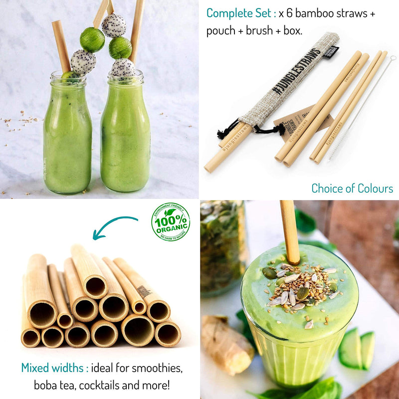 Jungle Straws® Reusable Bamboo Drinking Straws | Pack of 6 Including Boba Straw for Bubble Tea, Storage Bag, Pouch & Cleaning Brush | Zero Waste Natural Straws | Eco Friendly & Organic | Plastic Free Ash - NewNest Australia