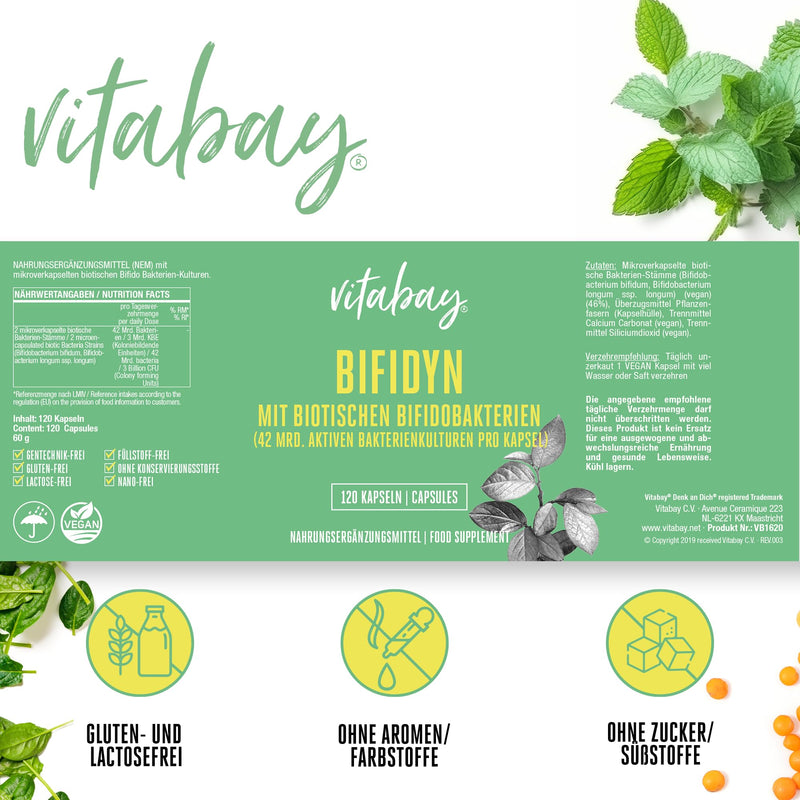 Vitabay Bifidyn - 120 high-dose VEGAN probiotic capsules - 3 billion active probiotic bifidobacteria per capsule - bacterial cultures intestinal flora capsules intestinal building treatment Bifido bacterial strains 120 pieces (pack of 1) - NewNest Australia