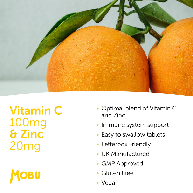 Vitamin C 100mg and Zinc 20mg 120 Tablets | High Strength Immune System Support | Vitamin C & Zinc Supplement | Vegan | GMP Approved | Letterbox Friendly | MOBU UK - NewNest Australia